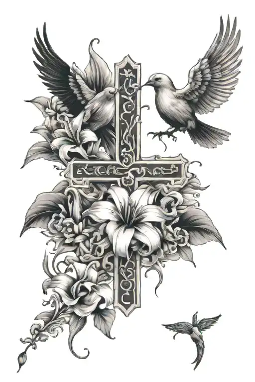 Cross With Lily Flowers With Dove And Raven Perched