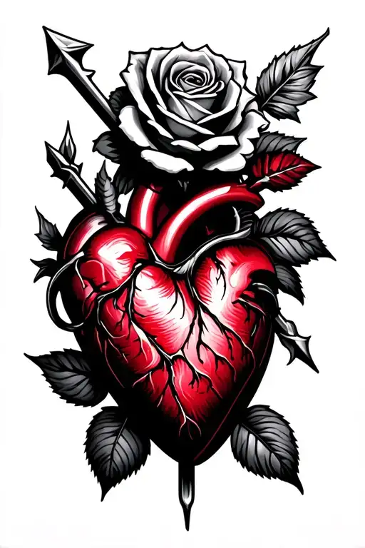 Arrow Piercing A Heart And Having A Rose On It Extremity