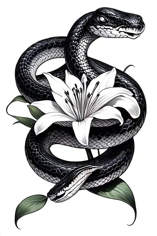 Snake With A Lot Lily Intertwined Tattoo Design