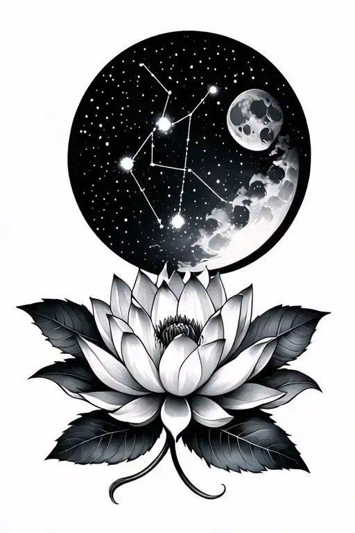 Sagittarius Constellation Intertwined With Winning Gibbous Moon And Lotus Flower