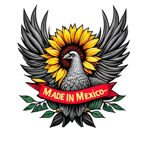 Made In Mexico Logo Incorporated With Sunflower Plus Phoenix Bird