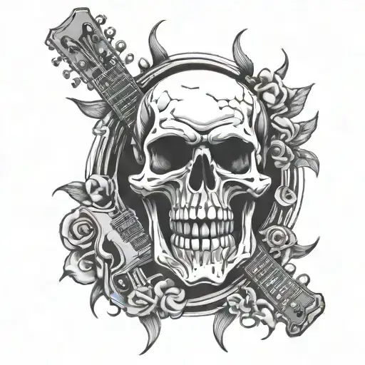 Detailed Rock N' Roll Angry Skull And Electro Guitar And Rock N' Roll Hands