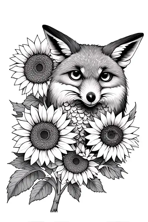 A Fox And An Owl Hiding Behind Sunflowers