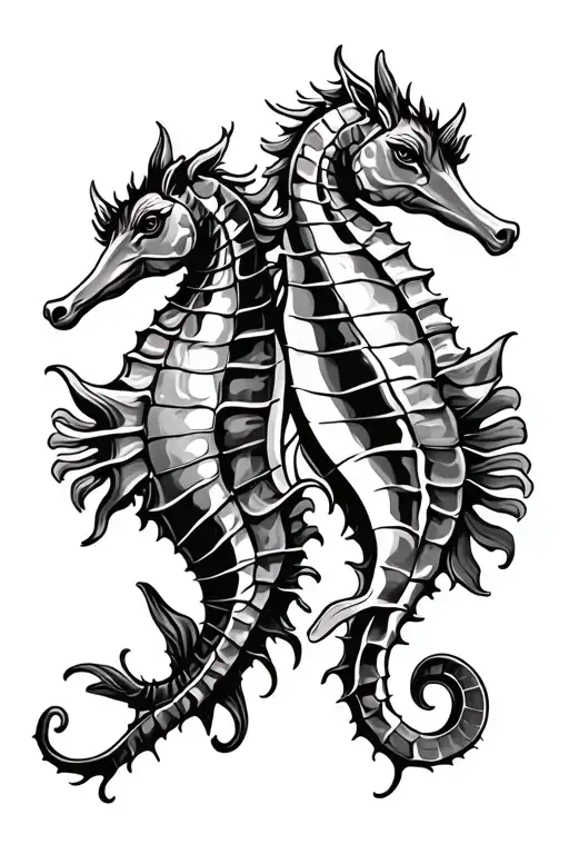 Two Seahorses Back To Back With Aries Sign Intertwined