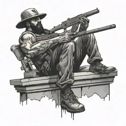 All Black Human Figure Sitting On Top Of A Roof Holding A Shotgun