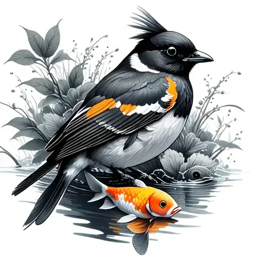 American Robin And Koi Fish Swimming