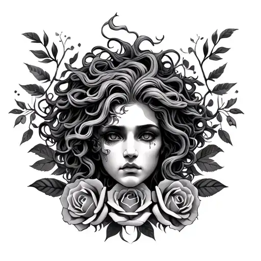 Gorgon Medusa Head And Roses And Flowers
