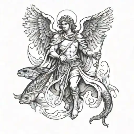 Archangel Raphael Holding Staff With Fish Jumping Out Of Water