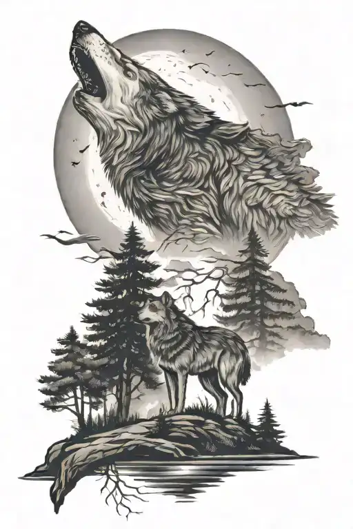 Forest And A River And A Wolf Howling At The Moon