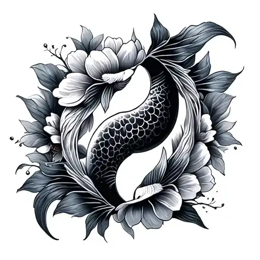 Koi Fish Yin Yang Inside Flowers Blooming