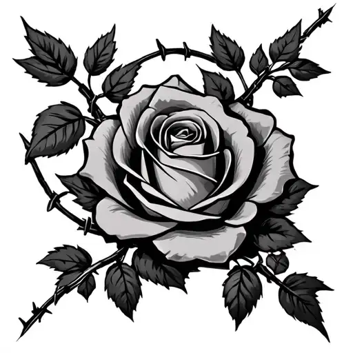 Vine Tatto With Rose And Barb Wire Wrapping Around The Vine