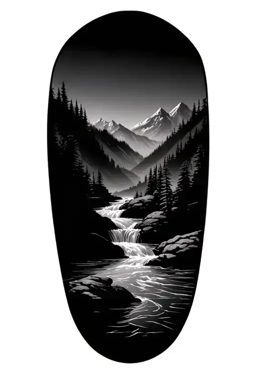 Tattoo Of A Efficient In The Stream With Mountain Background