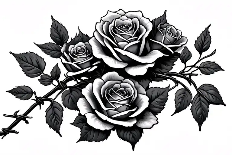 Vine Tattoo With 3 Small Roses With Barb Wire Wrapping Around The Vine And More Long