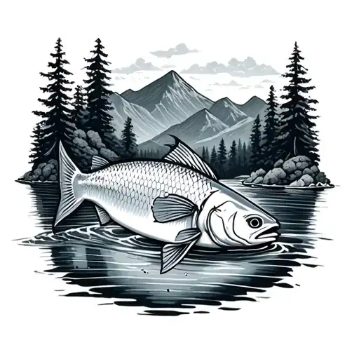 Fish In Stream With Mountain Background