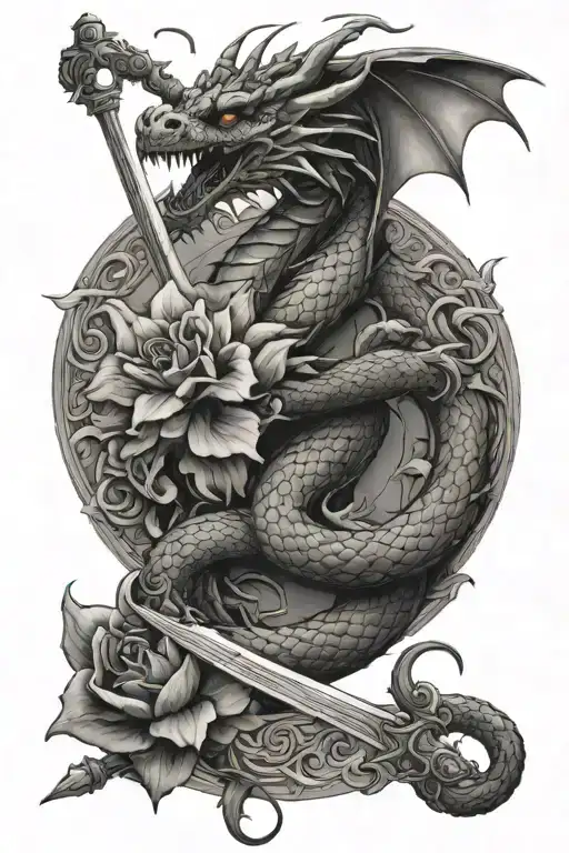Dragon Intertwined With Flower And Sword