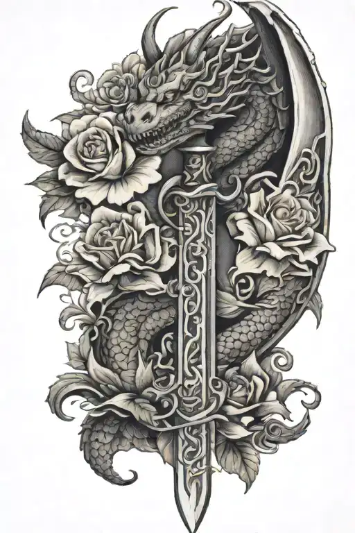 Dragon Sword And Flowers Intertwined