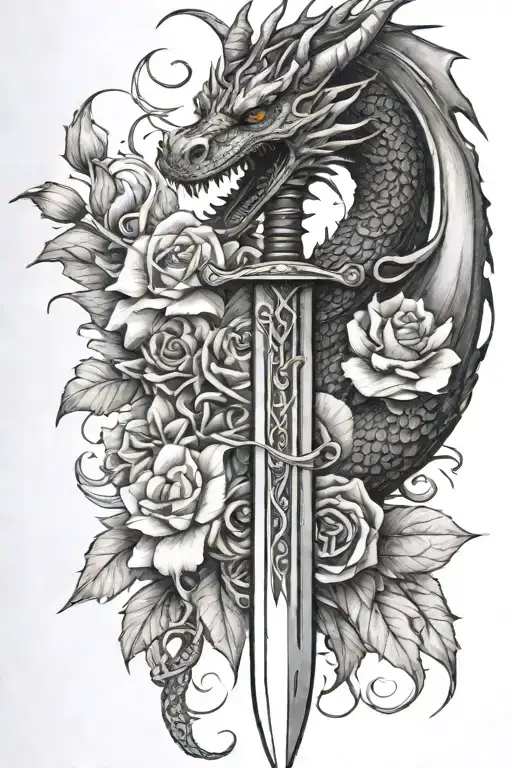 Dragon Sword And Flowers Intertwined