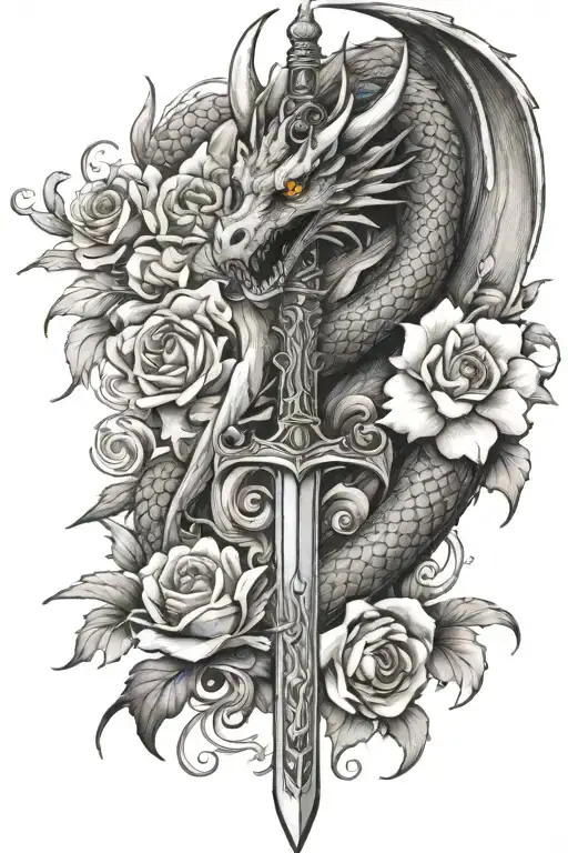 Dragon Sword And Flowers Intertwined