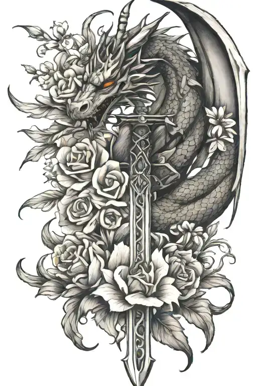 Dragon Sword And Flowers Intertwined
