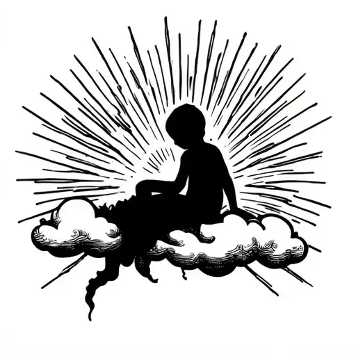 Child Silhouette Sitting On The Edge Of A Cloud With Sun Rays Behind It