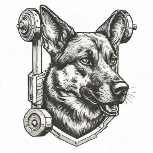 A Black And Grey Tattoo Of A Police Dog With A Barbell In Its Mouth At The Gym