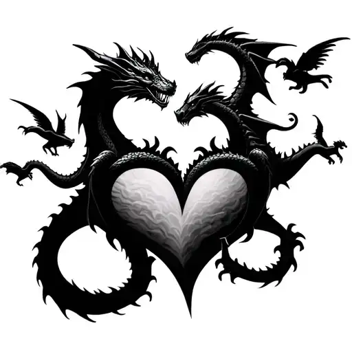 Dragons Interwined In A Heart With Four Baby Dragons Flying With Them