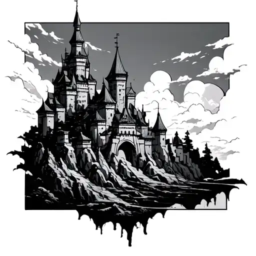 Generate An Image Of Zenitsu Falling In Infinity Castle Scene In A Simple Line Box Style