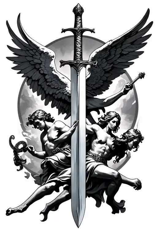 Sword With Angels On The Blade Fighting A War