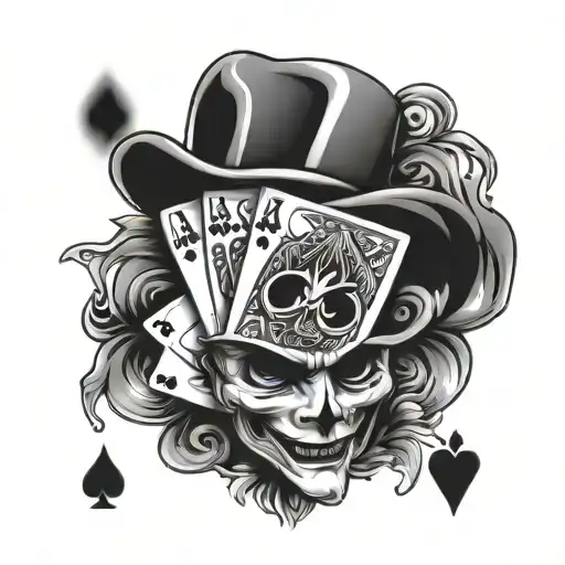 4 Poker Cards Arranged And Joker Hat