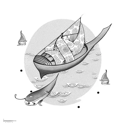 Geisha Sailing On A Paper Boat In A Sea Of Koi Fish