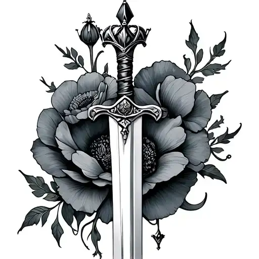 Fine Line Feminine Sword Wrapped With A Poppy Topped With A Crown