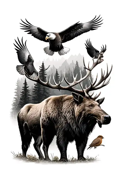 Moose And Stag And Bear And Sparrows And Bald Eagles Flying In The Wilderness
