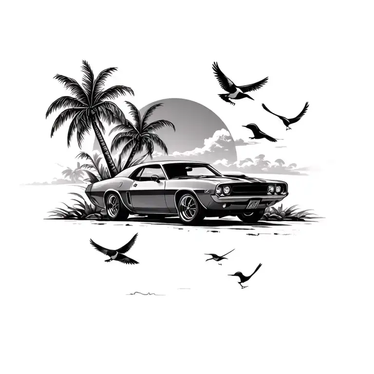 Vintage Muscle Car And Palm Trees And Birds