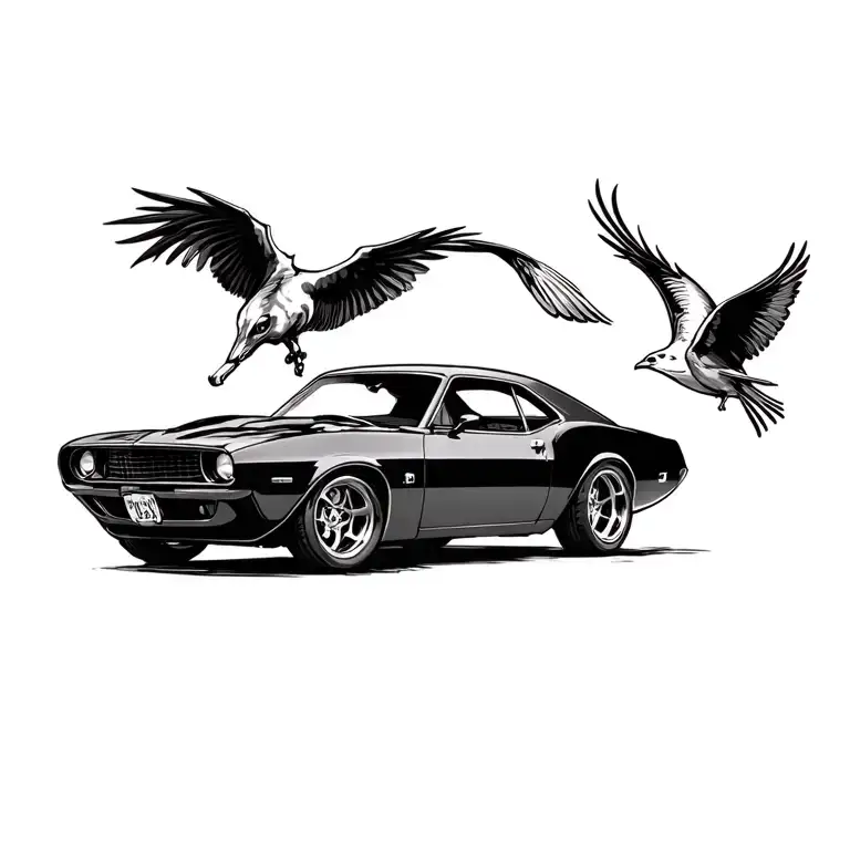 Vintage Muscle Car And Animal And Birds