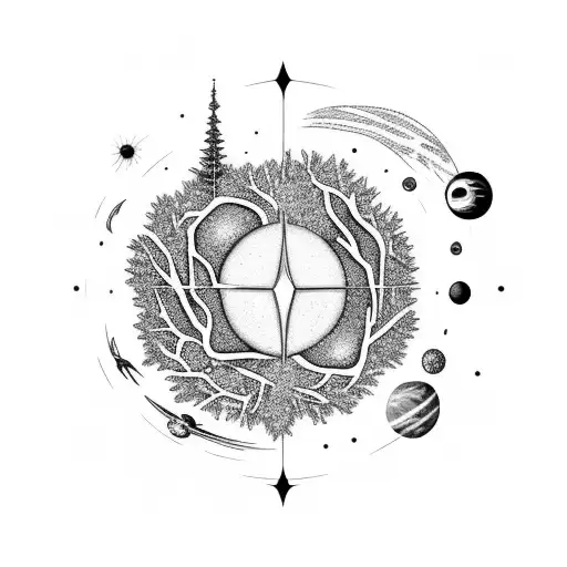 Tree Sorrounded By Space With Galaxy And Planets