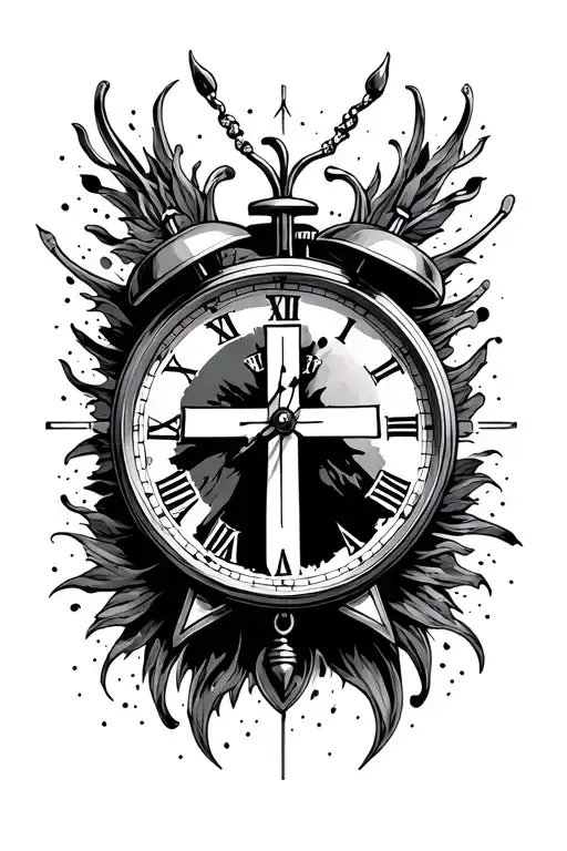 Cross With Time Clock Behind It On The Top