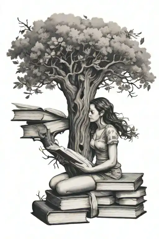 Tree And Woman And Books Floating