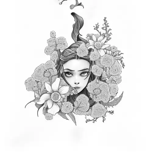 A Tattoo Of A Black And Grey Illustration Of Feyre And Rhysand Surrounded By Blooming Flowers