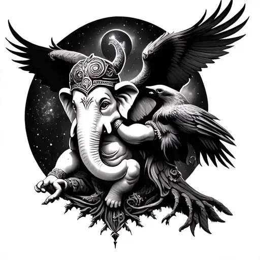 Ganesha Con Universo Armas Vandal Y Odin Ravens With Tree