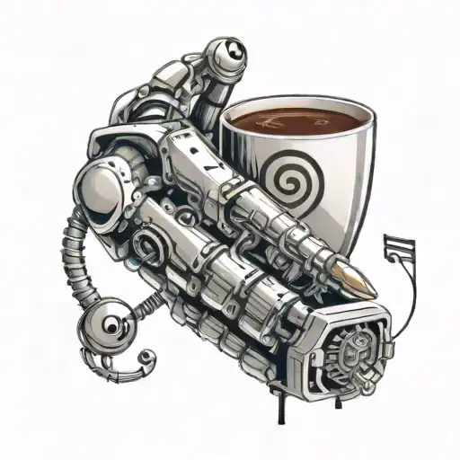 A Futuristic Robotic Arm Holding A Coffee Cup With A Music Note Tattooed On Its Hand