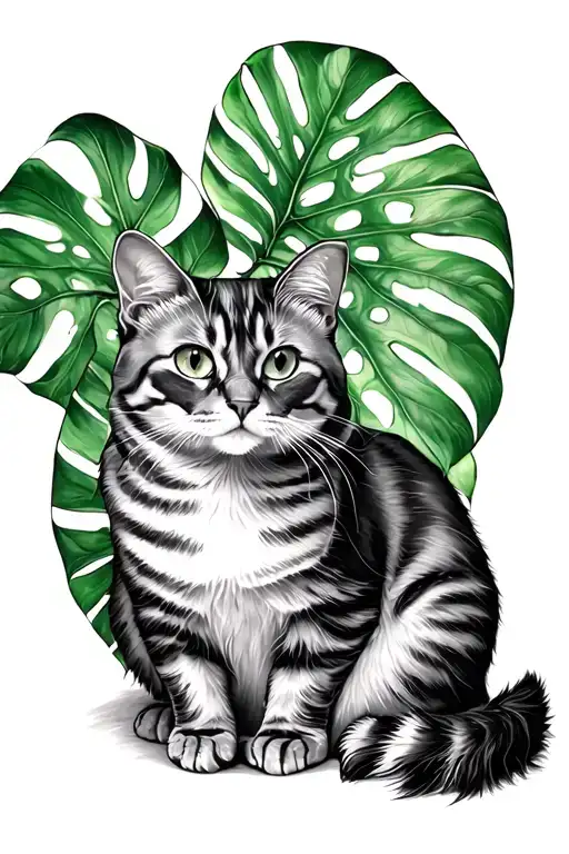 Monstera Leaves And Cat Sitting