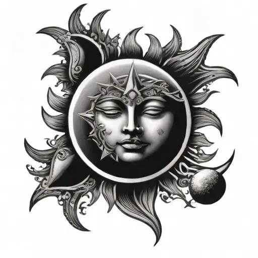 Sun And Moon Merging Together With 3 Stars
