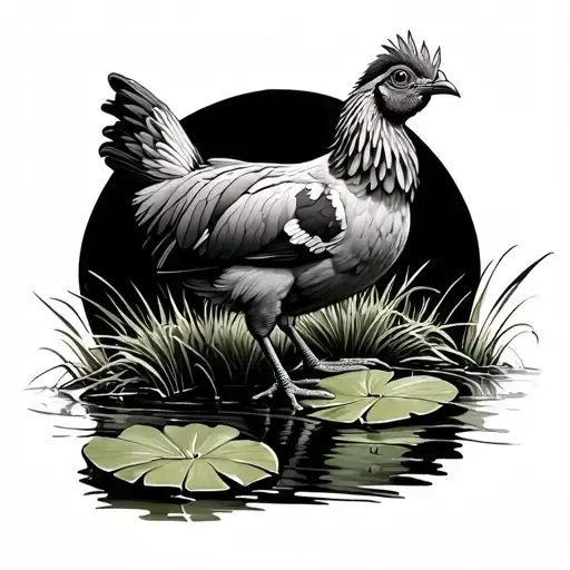 Swamp Chicken Standing On A Lily Pad With Grass