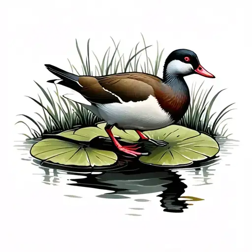 Common Gallinule Standing On A Lily Pad With Grass