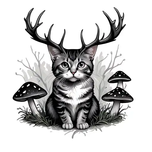 Witch Cat With Antlers And Mushrooms