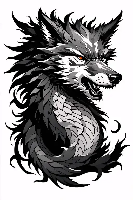 Tribal Wolf Japanese Dragon