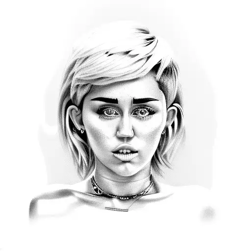 A Black And Grey Portrait Of Miley Cyrus With A Hidden Hannah Montana Symbol