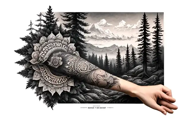 Realism Style Forrest And Nature On Forearm With Mandala Vibe