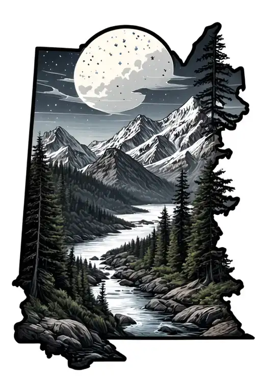 Mountain Rage And Stream With A Night Sky Within A State Of Maine Outline