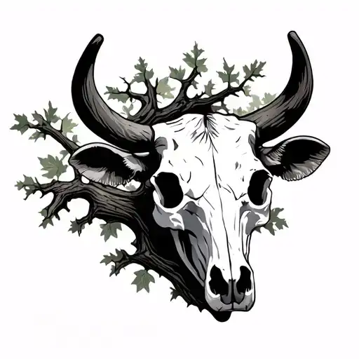 Agriculture Cow Skull With A Dying Oak Tree Branch